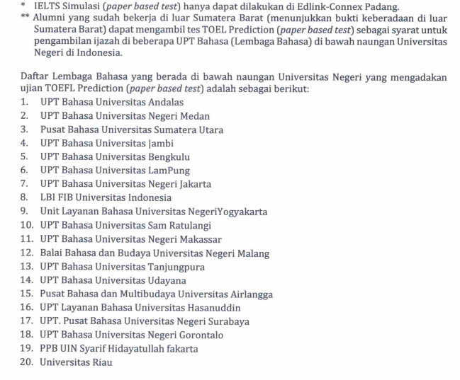 Daftar Lembaga bahasa TOEFL yang diberlakukan di UNP